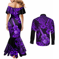 hawaii-ukulele-couples-matching-mermaid-dress-and-long-sleeve-button-shirts-polynesian-pattern-purple-version