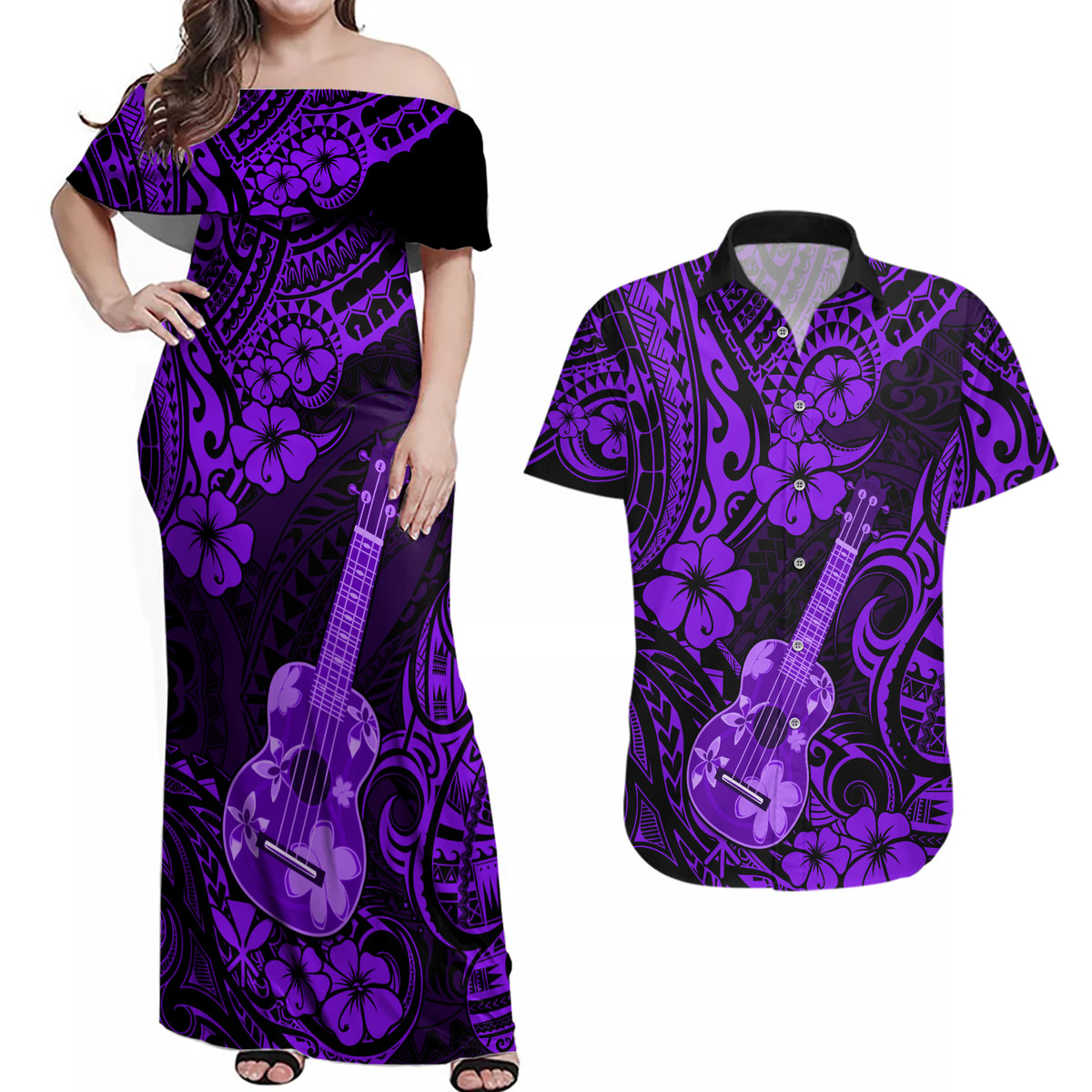 Hawaii Ukulele Couples Matching Off Shoulder Maxi Dress and Hawaiian Shirt Polynesian Pattern Purple Version - Wonder Print Shop
