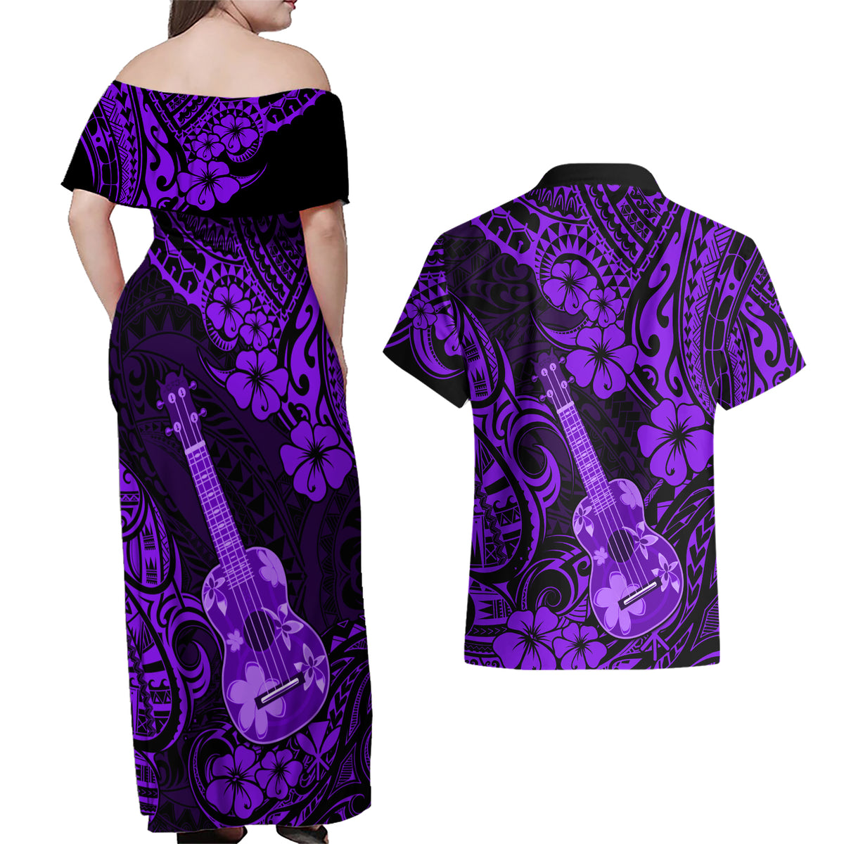 Hawaii Ukulele Couples Matching Off Shoulder Maxi Dress and Hawaiian Shirt Polynesian Pattern Purple Version - Wonder Print Shop