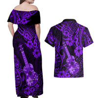 Hawaii Ukulele Couples Matching Off Shoulder Maxi Dress and Hawaiian Shirt Polynesian Pattern Purple Version - Wonder Print Shop