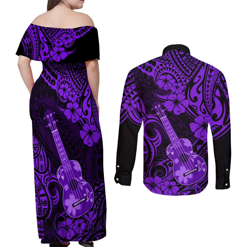 Hawaii Ukulele Couples Matching Off Shoulder Maxi Dress and Long Sleeve Button Shirts Polynesian Pattern Purple Version - Wonder Print Shop
