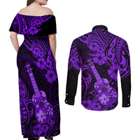 Hawaii Ukulele Couples Matching Off Shoulder Maxi Dress and Long Sleeve Button Shirts Polynesian Pattern Purple Version - Wonder Print Shop