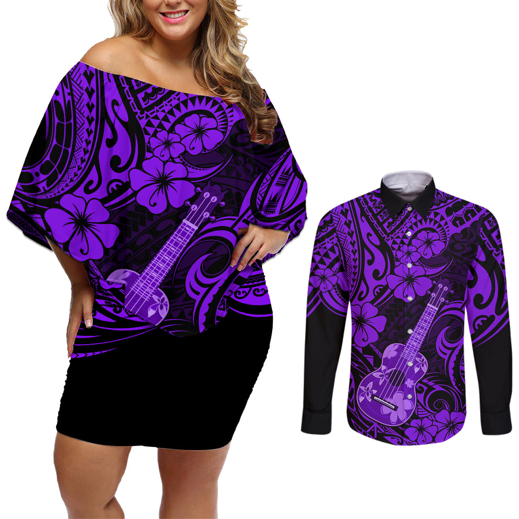 Hawaii Ukulele Couples Matching Off Shoulder Short Dress and Long Sleeve Button Shirts Polynesian Pattern Purple Version - Wonder Print Shop
