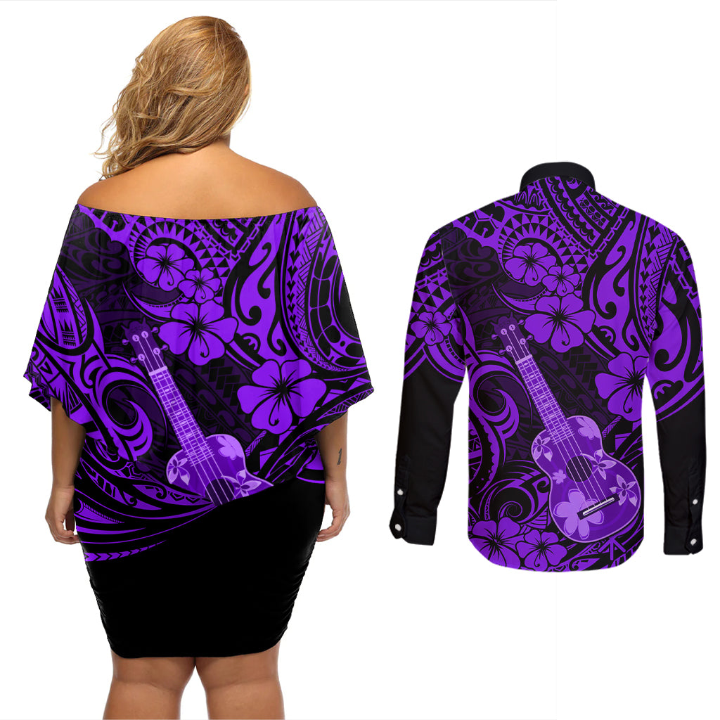 Hawaii Ukulele Couples Matching Off Shoulder Short Dress and Long Sleeve Button Shirts Polynesian Pattern Purple Version - Wonder Print Shop