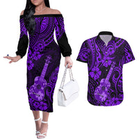 Hawaii Ukulele Couples Matching Off The Shoulder Long Sleeve Dress and Hawaiian Shirt Polynesian Pattern Purple Version - Wonder Print Shop