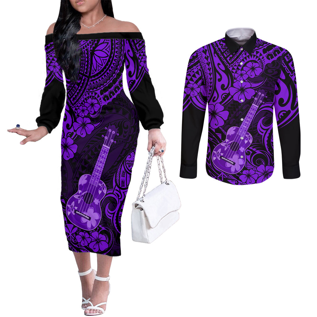 hawaii-ukulele-couples-matching-off-the-shoulder-long-sleeve-dress-and-long-sleeve-button-shirts-polynesian-pattern-purple-version
