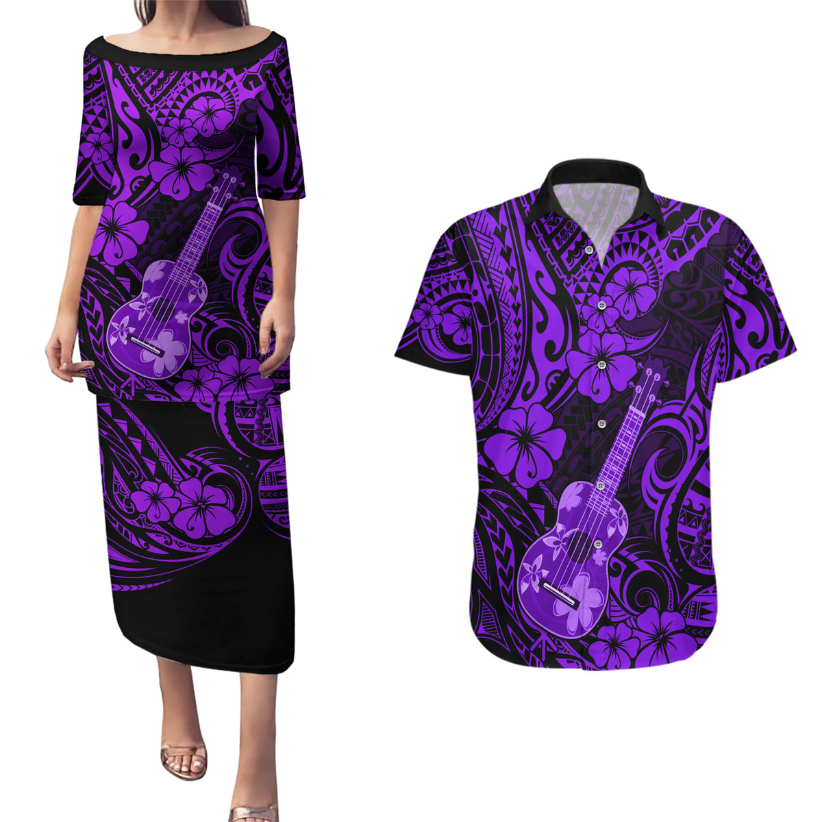 Hawaii Ukulele Couples Matching Puletasi Dress and Hawaiian Shirt Polynesian Pattern Purple Version - Wonder Print Shop