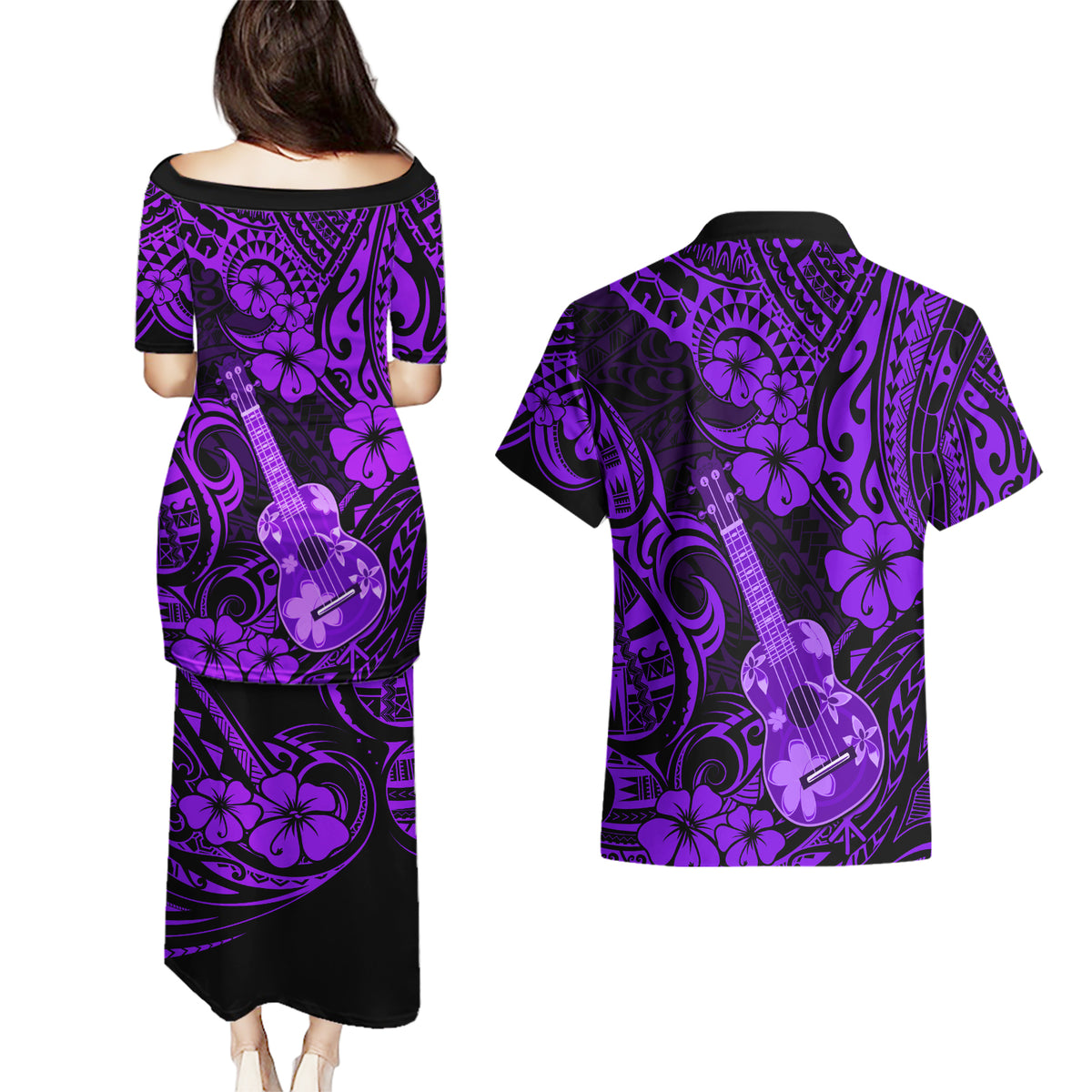 Hawaii Ukulele Couples Matching Puletasi Dress and Hawaiian Shirt Polynesian Pattern Purple Version - Wonder Print Shop