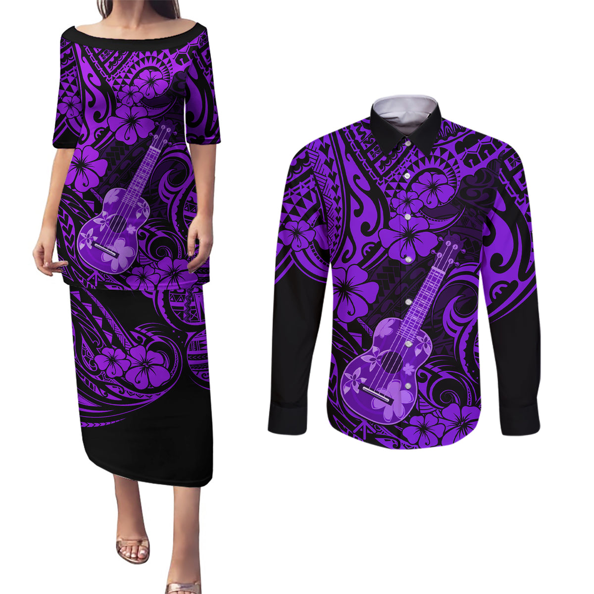 Hawaii Ukulele Couples Matching Puletasi Dress and Long Sleeve Button Shirts Polynesian Pattern Purple Version - Wonder Print Shop