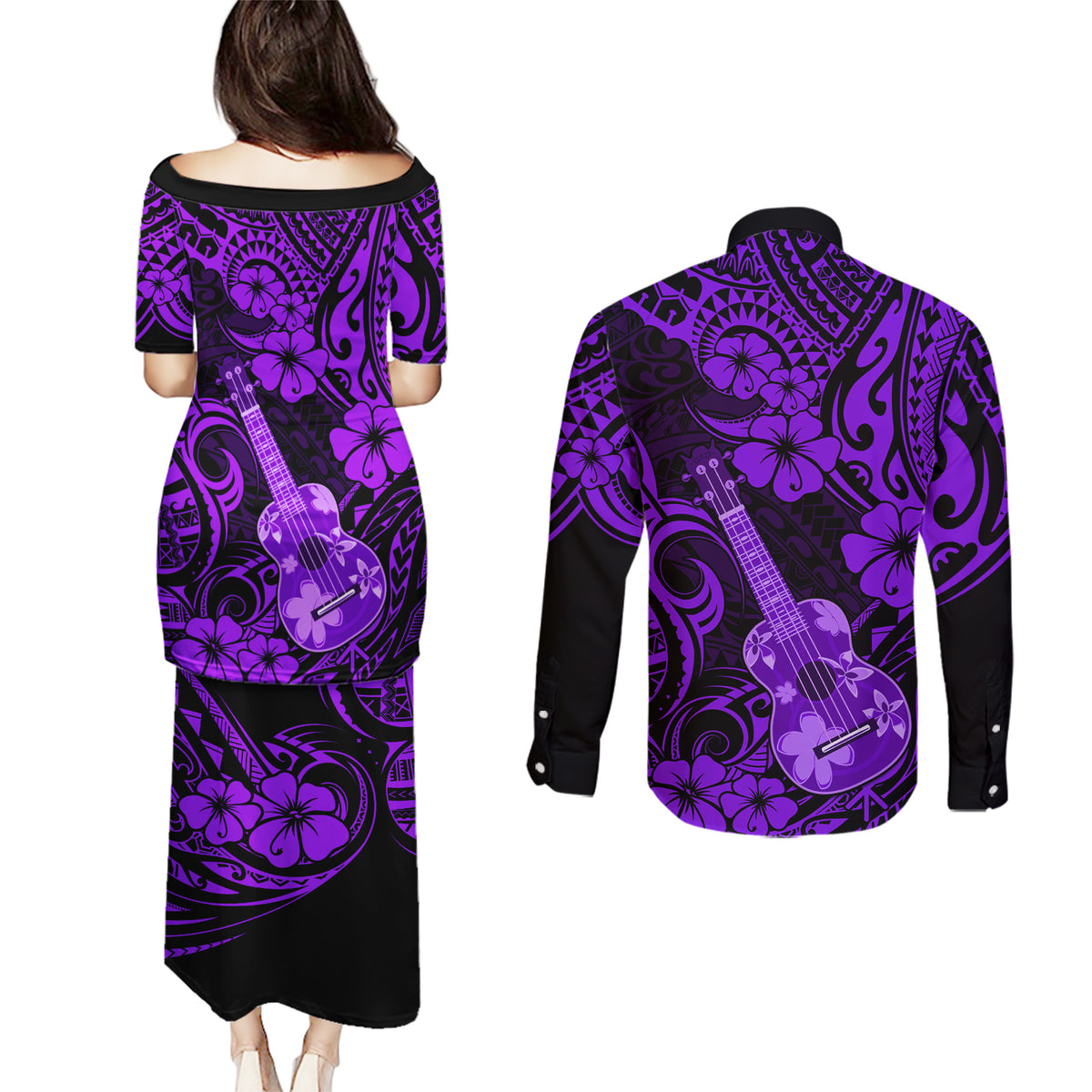 Hawaii Ukulele Couples Matching Puletasi Dress and Long Sleeve Button Shirts Polynesian Pattern Purple Version - Wonder Print Shop