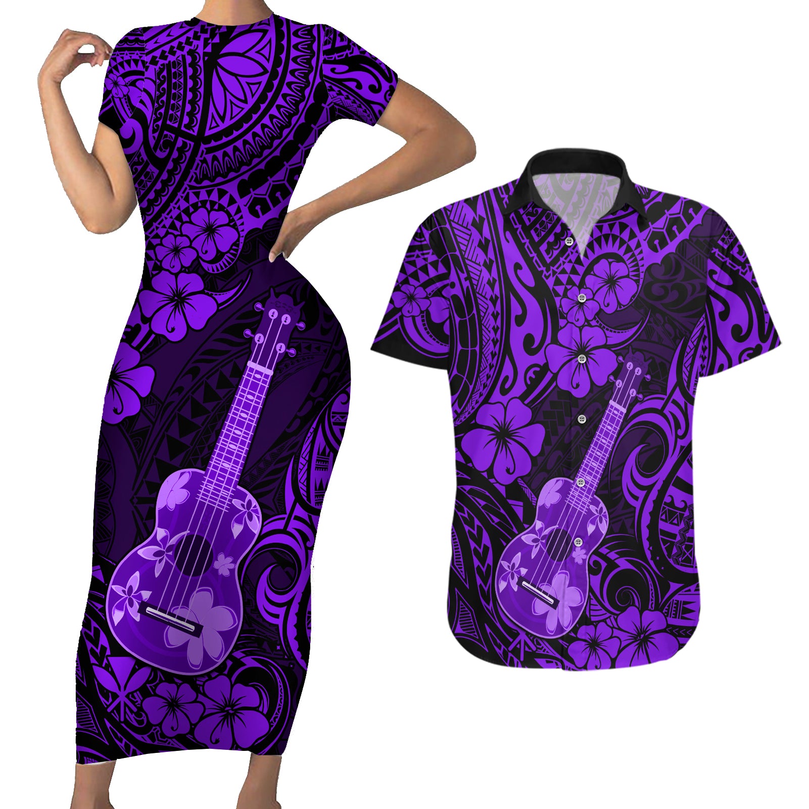 Hawaii Ukulele Couples Matching Short Sleeve Bodycon Dress and Hawaiian Shirt Polynesian Pattern Purple Version - Wonder Print Shop