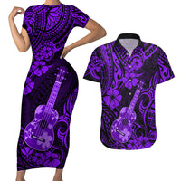 Hawaii Ukulele Couples Matching Short Sleeve Bodycon Dress and Hawaiian Shirt Polynesian Pattern Purple Version - Wonder Print Shop