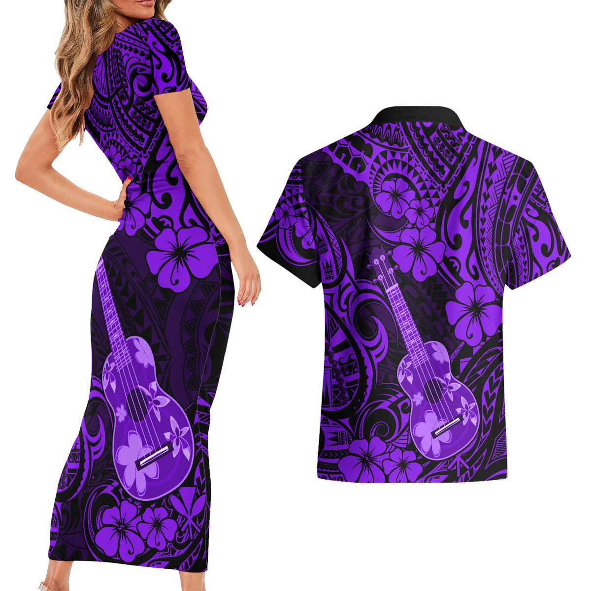 Hawaii Ukulele Couples Matching Short Sleeve Bodycon Dress and Hawaiian Shirt Polynesian Pattern Purple Version - Wonder Print Shop