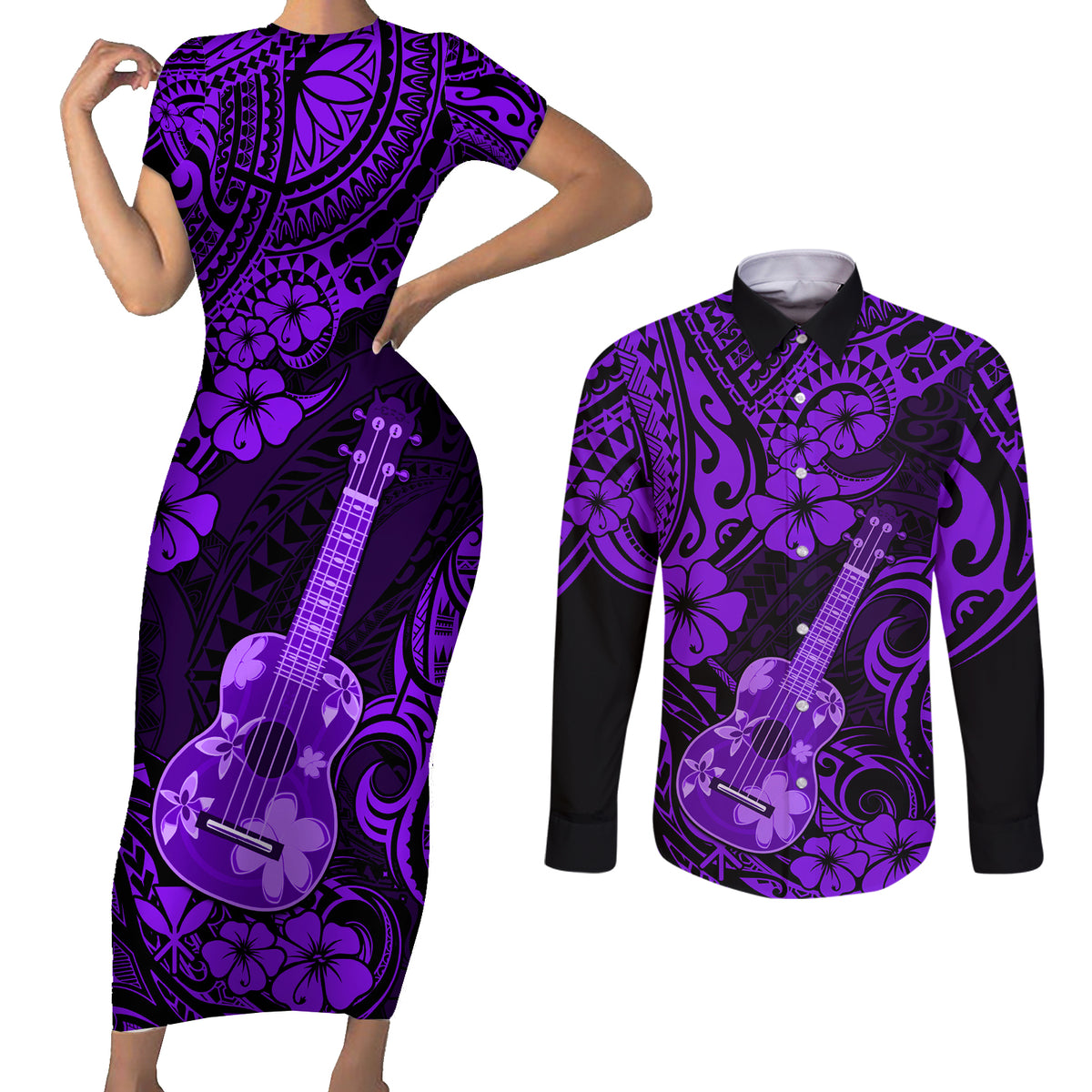 Hawaii Ukulele Couples Matching Short Sleeve Bodycon Dress and Long Sleeve Button Shirts Polynesian Pattern Purple Version - Wonder Print Shop