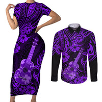 Hawaii Ukulele Couples Matching Short Sleeve Bodycon Dress and Long Sleeve Button Shirts Polynesian Pattern Purple Version - Wonder Print Shop