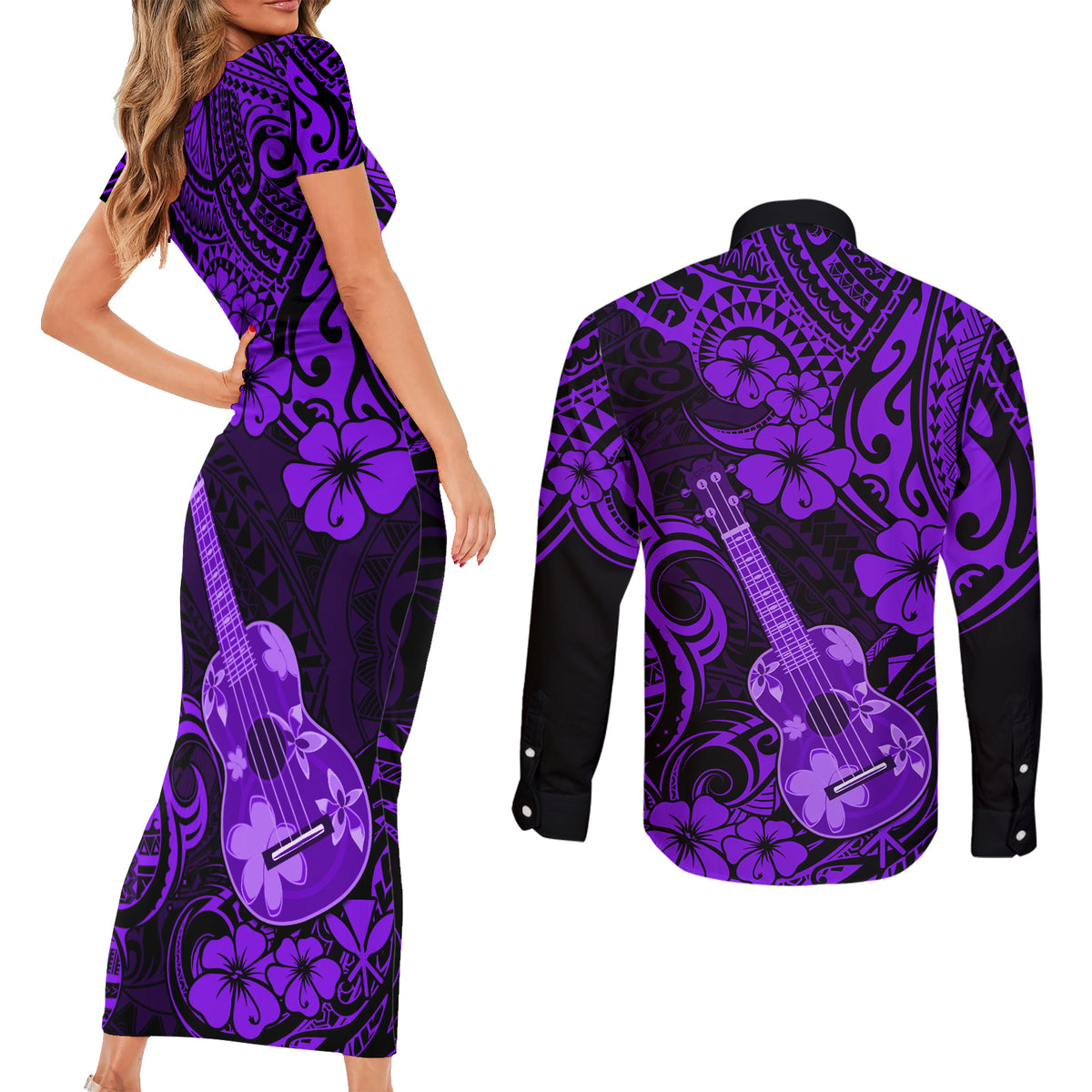 Hawaii Ukulele Couples Matching Short Sleeve Bodycon Dress and Long Sleeve Button Shirts Polynesian Pattern Purple Version - Wonder Print Shop