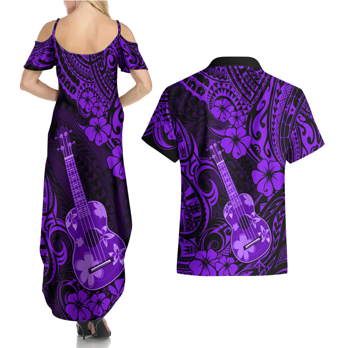 Hawaii Ukulele Couples Matching Summer Maxi Dress and Hawaiian Shirt Polynesian Pattern Purple Version - Wonder Print Shop