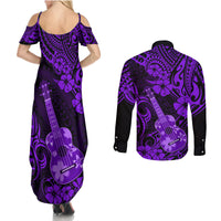 Hawaii Ukulele Couples Matching Summer Maxi Dress and Long Sleeve Button Shirts Polynesian Pattern Purple Version - Wonder Print Shop