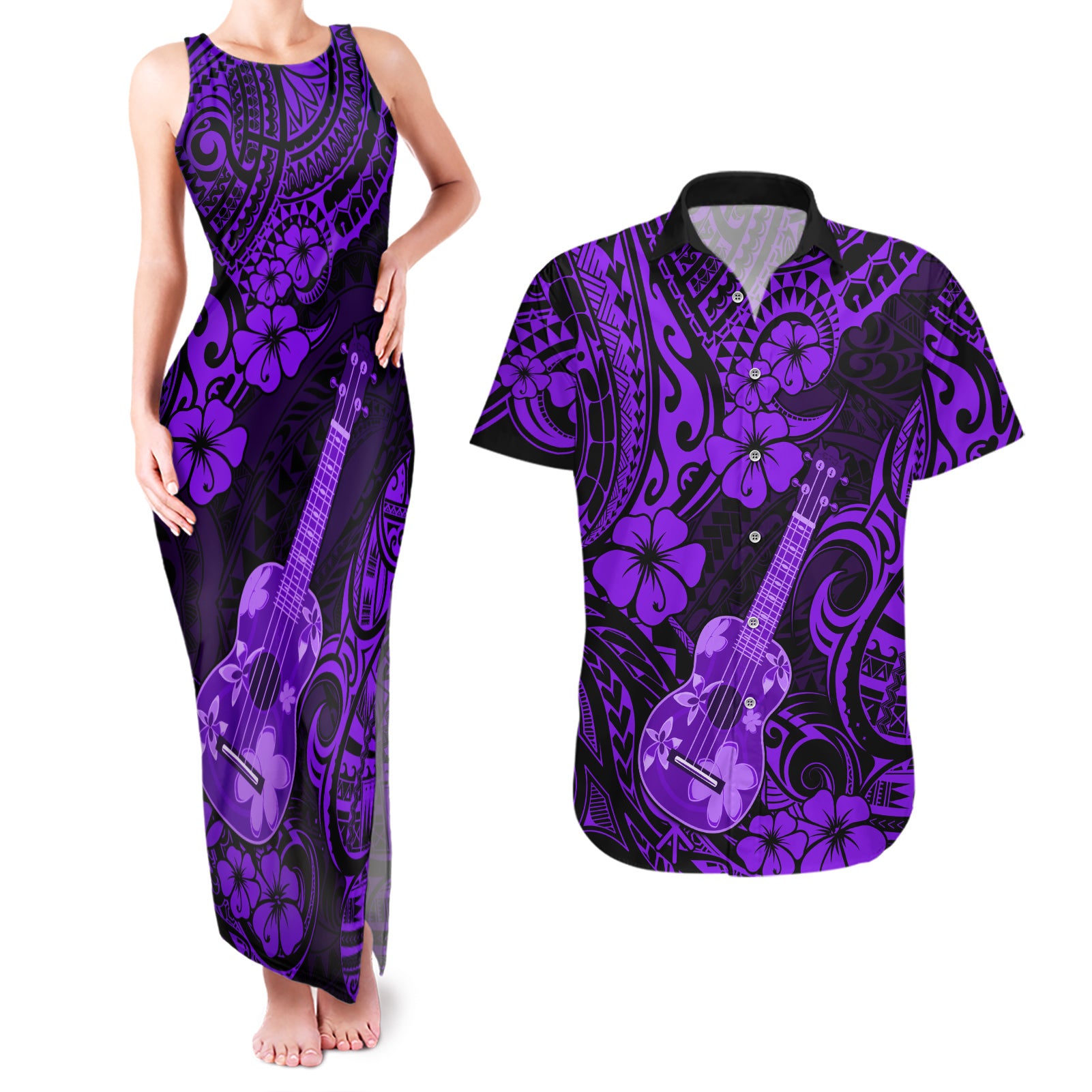 Hawaii Ukulele Couples Matching Tank Maxi Dress and Hawaiian Shirt Polynesian Pattern Purple Version - Wonder Print Shop