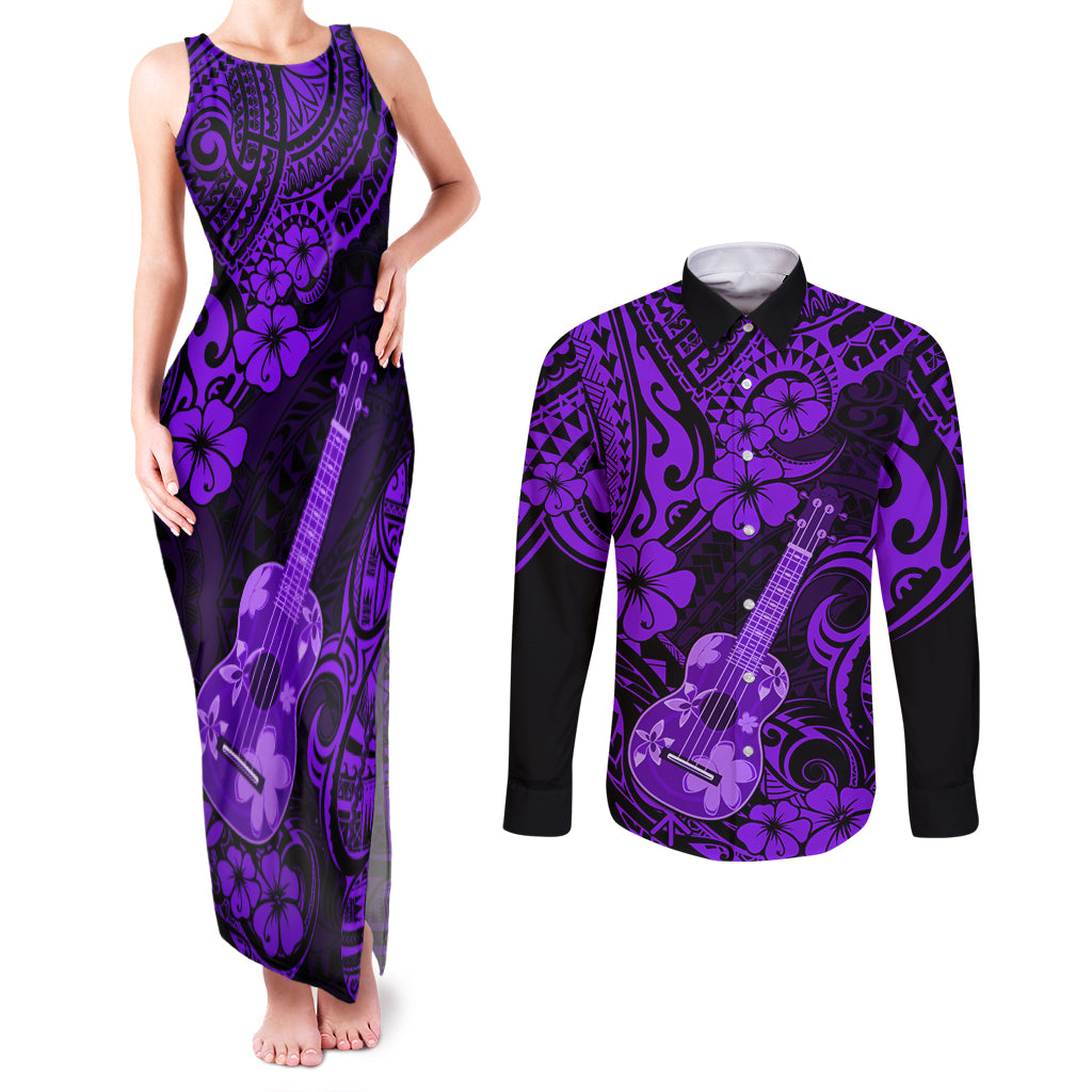 Hawaii Ukulele Couples Matching Tank Maxi Dress and Long Sleeve Button Shirts Polynesian Pattern Purple Version - Wonder Print Shop