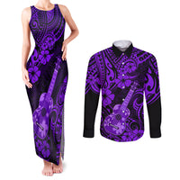Hawaii Ukulele Couples Matching Tank Maxi Dress and Long Sleeve Button Shirts Polynesian Pattern Purple Version - Wonder Print Shop