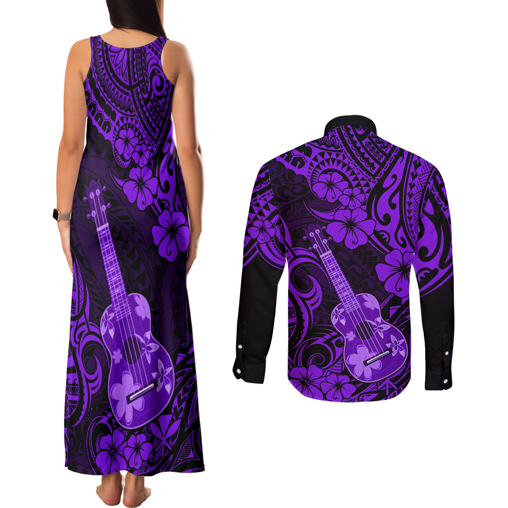 Hawaii Ukulele Couples Matching Tank Maxi Dress and Long Sleeve Button Shirts Polynesian Pattern Purple Version - Wonder Print Shop