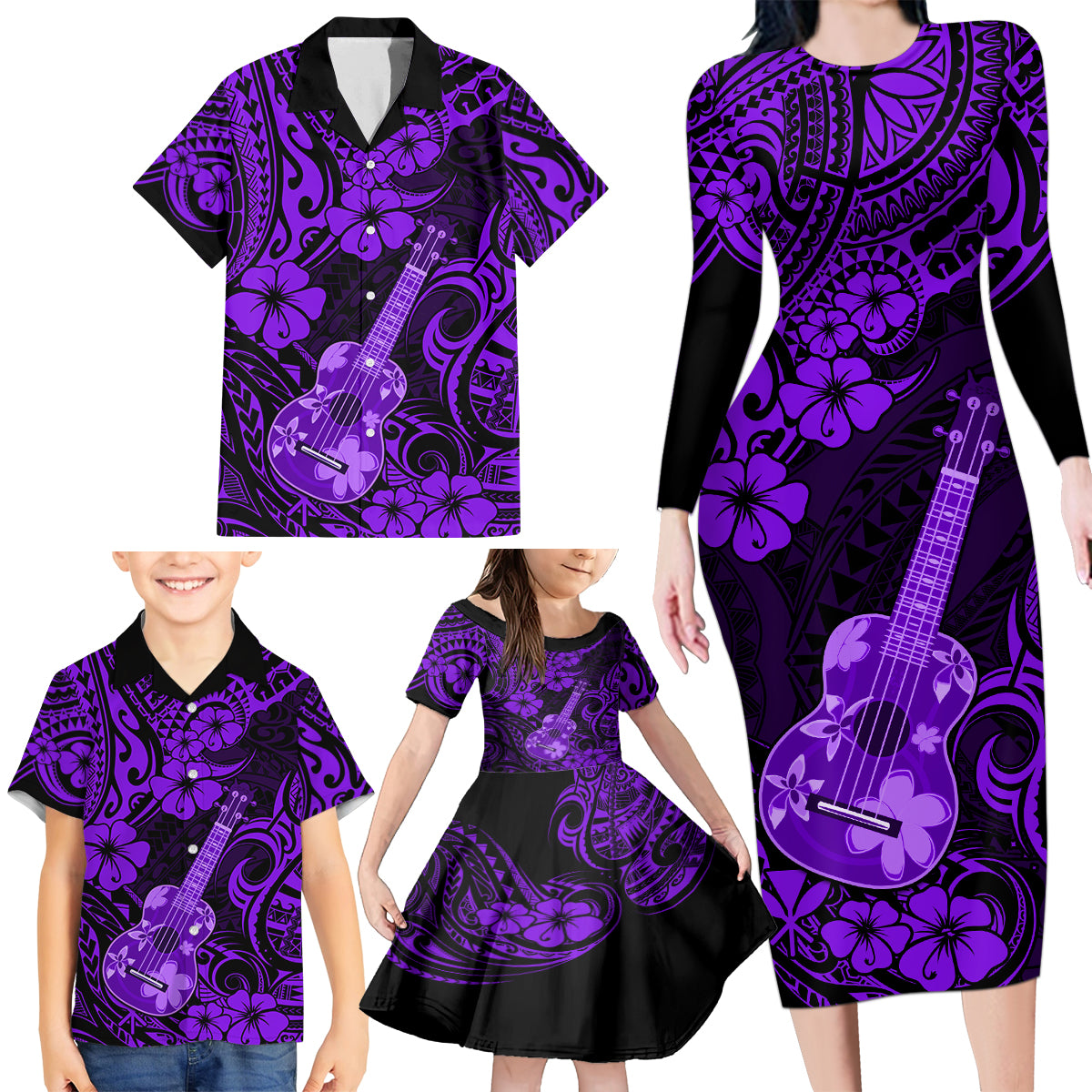 Hawaii Ukulele Family Matching Long Sleeve Bodycon Dress and Hawaiian Shirt Polynesian Pattern Purple Version - Wonder Print Shop