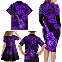 Hawaii Ukulele Family Matching Long Sleeve Bodycon Dress and Hawaiian Shirt Polynesian Pattern Purple Version - Wonder Print Shop