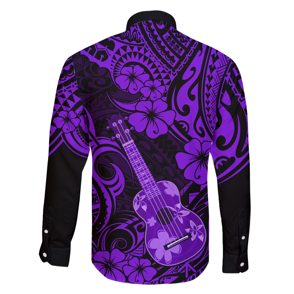 Hawaii Ukulele Family Matching Long Sleeve Bodycon Dress and Hawaiian Shirt Polynesian Pattern Purple Version - Wonder Print Shop