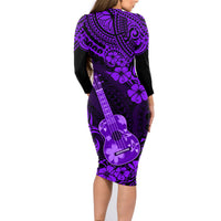 Hawaii Ukulele Family Matching Long Sleeve Bodycon Dress and Hawaiian Shirt Polynesian Pattern Purple Version - Wonder Print Shop