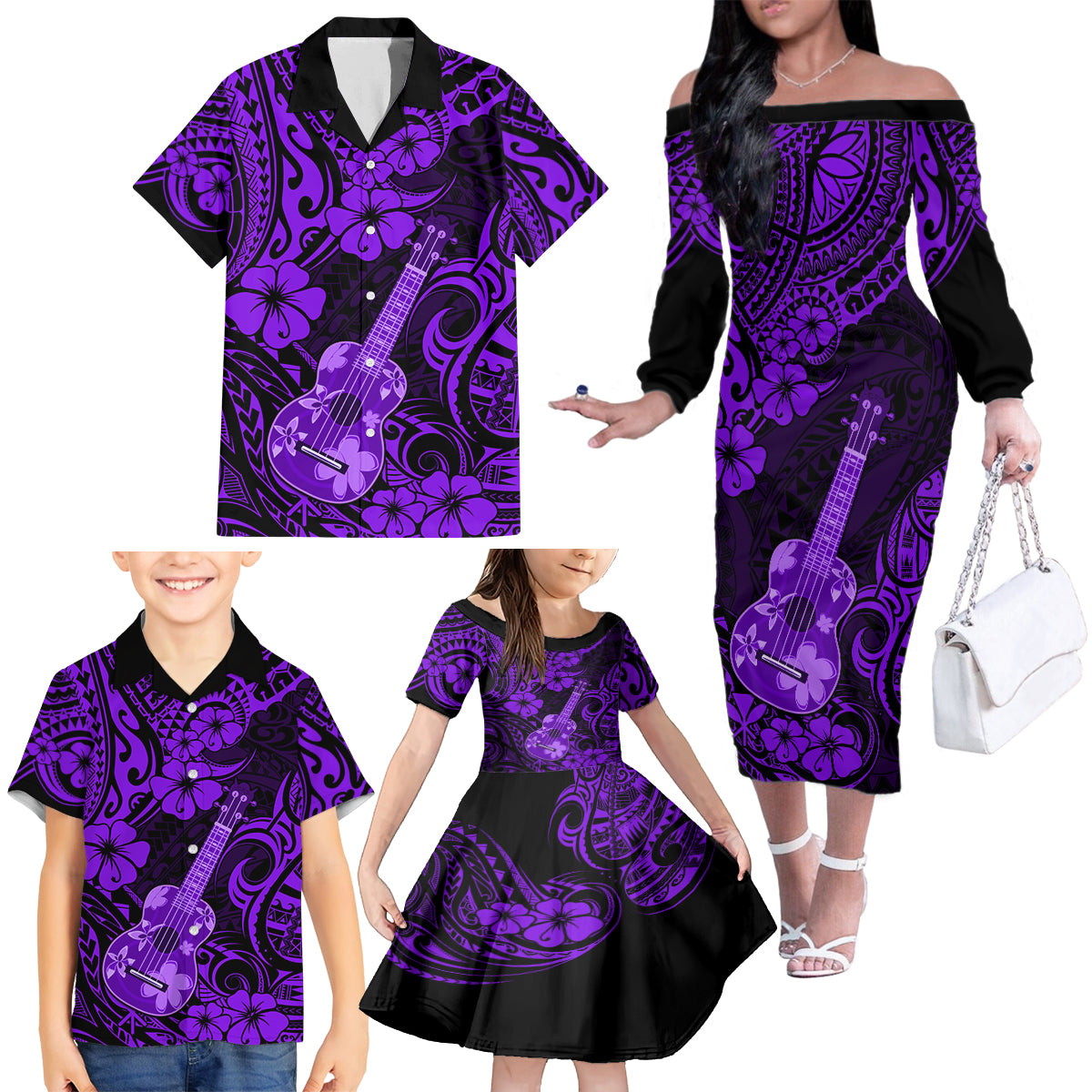 Hawaii Ukulele Family Matching Off Shoulder Long Sleeve Dress and Hawaiian Shirt Polynesian Pattern Purple Version - Wonder Print Shop