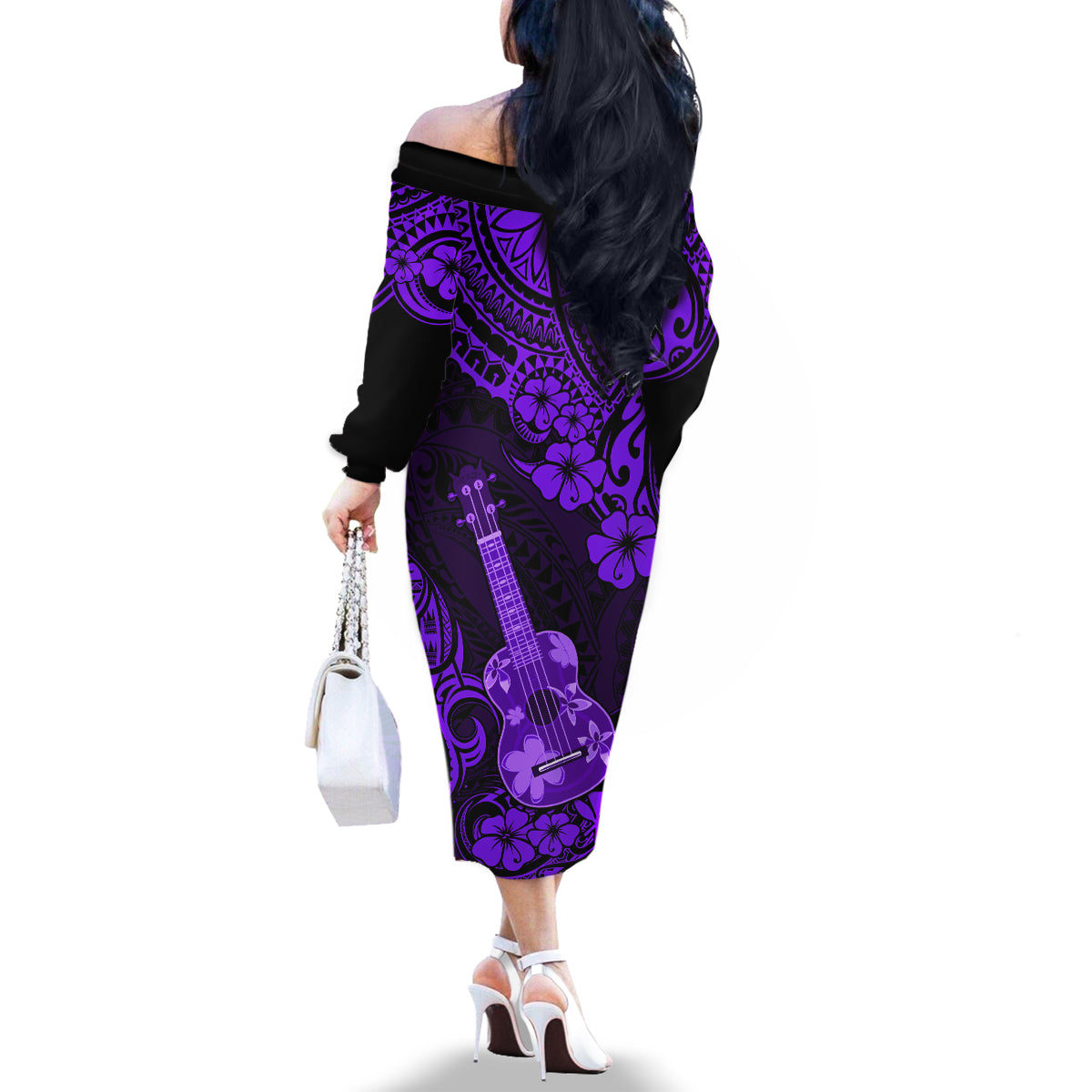 Hawaii Ukulele Family Matching Off Shoulder Long Sleeve Dress and Hawaiian Shirt Polynesian Pattern Purple Version - Wonder Print Shop