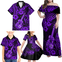 Hawaii Ukulele Family Matching Off Shoulder Maxi Dress and Hawaiian Shirt Polynesian Pattern Purple Version - Wonder Print Shop