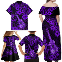 Hawaii Ukulele Family Matching Off Shoulder Maxi Dress and Hawaiian Shirt Polynesian Pattern Purple Version - Wonder Print Shop