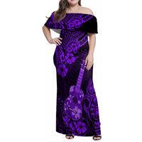 Hawaii Ukulele Family Matching Off Shoulder Maxi Dress and Hawaiian Shirt Polynesian Pattern Purple Version - Wonder Print Shop