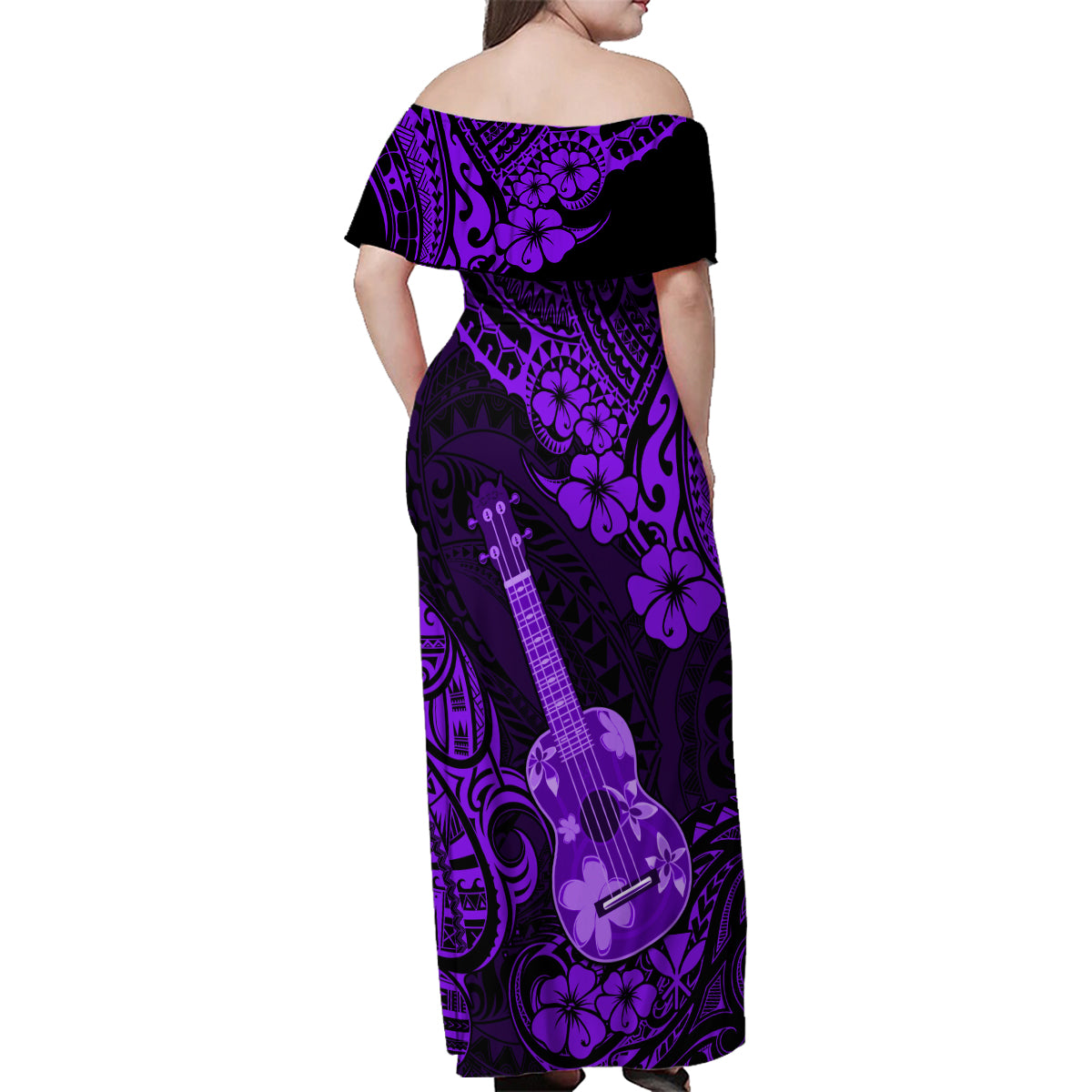Hawaii Ukulele Family Matching Off Shoulder Maxi Dress and Hawaiian Shirt Polynesian Pattern Purple Version - Wonder Print Shop