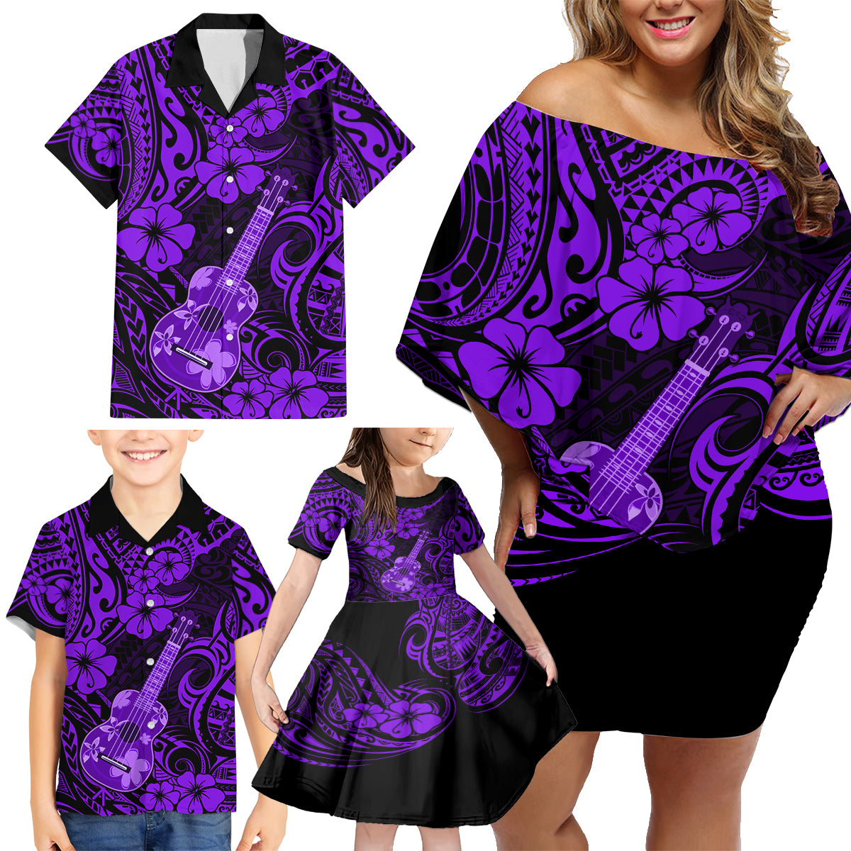Hawaii Ukulele Family Matching Off Shoulder Short Dress and Hawaiian Shirt Polynesian Pattern Purple Version - Wonder Print Shop
