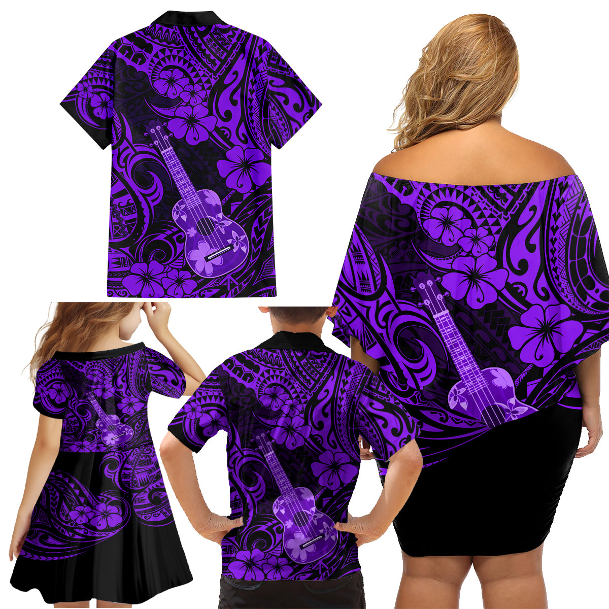 Hawaii Ukulele Family Matching Off Shoulder Short Dress and Hawaiian Shirt Polynesian Pattern Purple Version - Wonder Print Shop