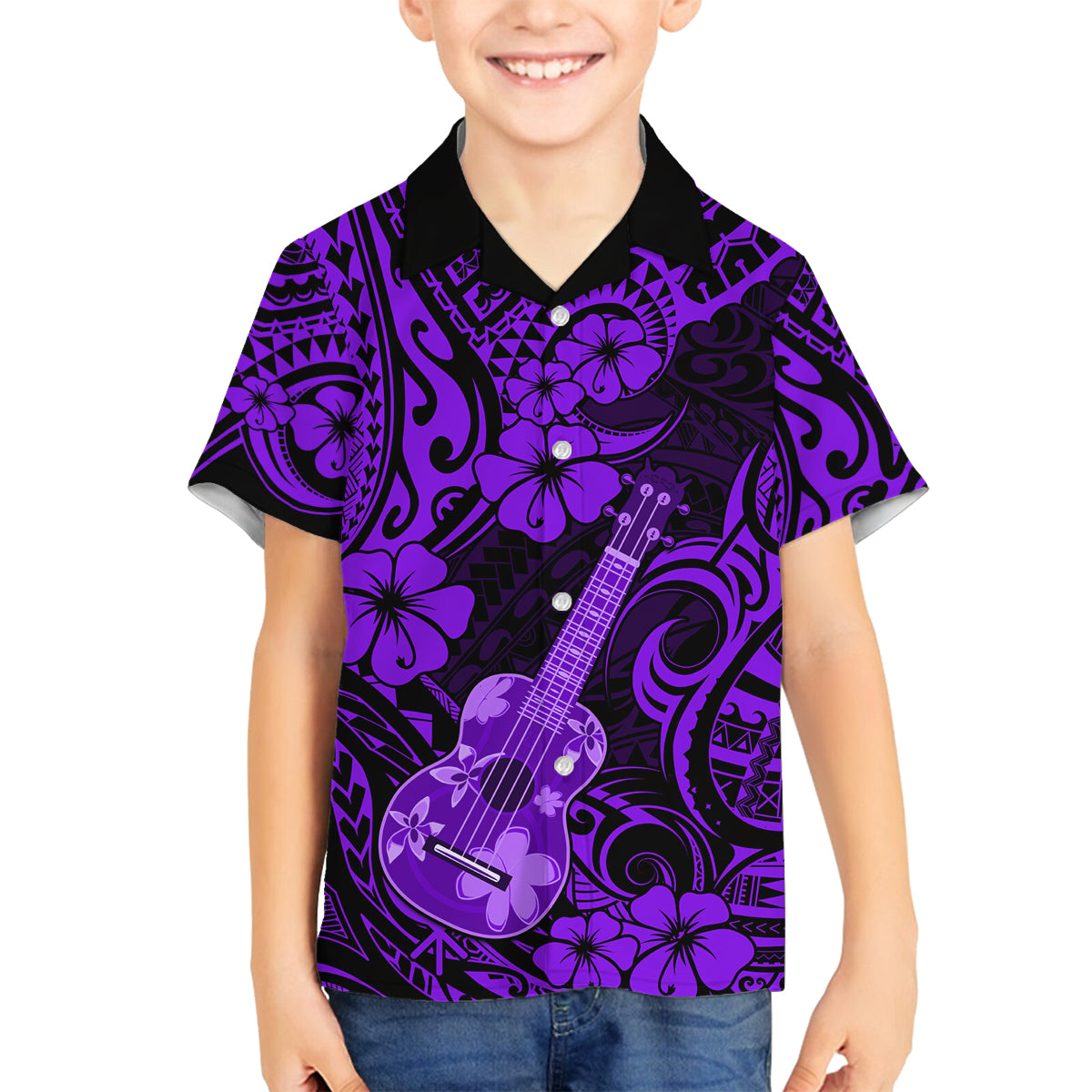 Hawaii Ukulele Family Matching Off Shoulder Short Dress and Hawaiian Shirt Polynesian Pattern Purple Version - Wonder Print Shop