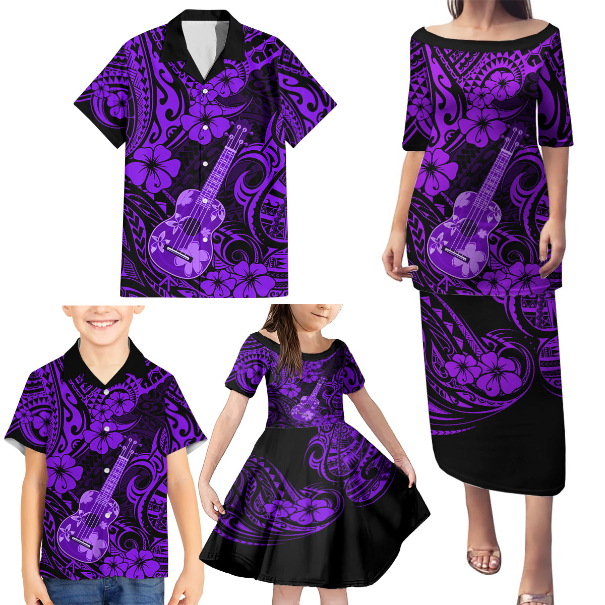 Hawaii Ukulele Family Matching Puletasi Dress and Hawaiian Shirt Polynesian Pattern Purple Version - Wonder Print Shop