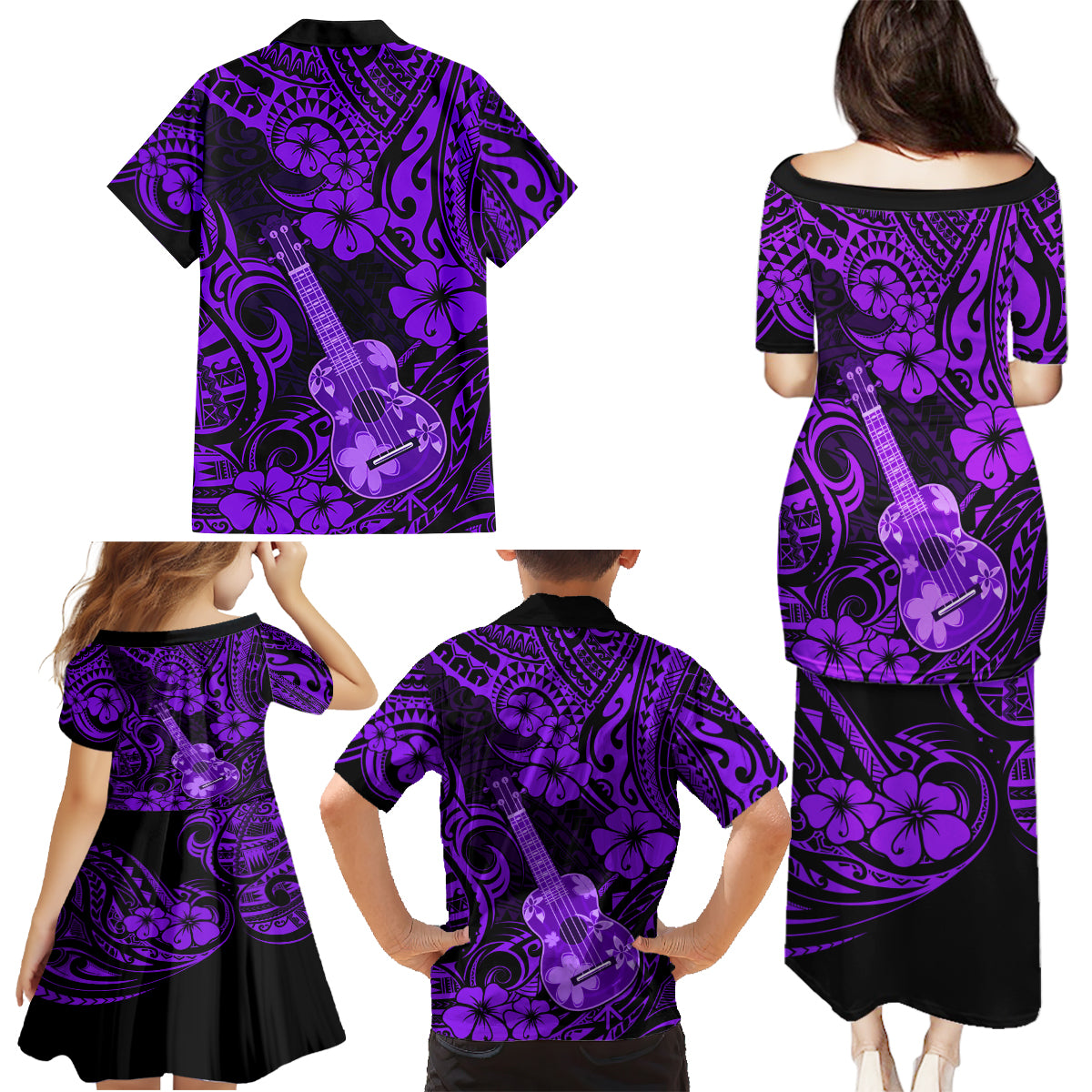 Hawaii Ukulele Family Matching Puletasi Dress and Hawaiian Shirt Polynesian Pattern Purple Version - Wonder Print Shop