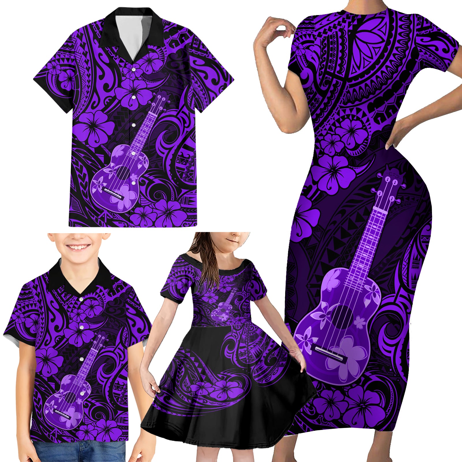 Hawaii Ukulele Family Matching Short Sleeve Bodycon Dress and Hawaiian Shirt Polynesian Pattern Purple Version - Wonder Print Shop