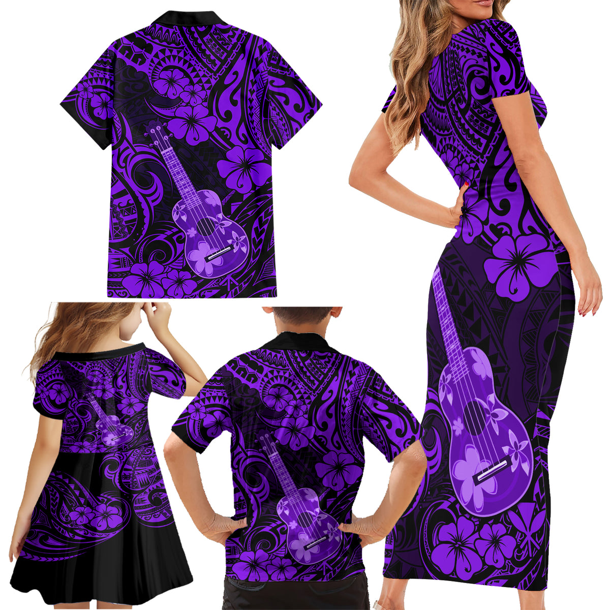 Hawaii Ukulele Family Matching Short Sleeve Bodycon Dress and Hawaiian Shirt Polynesian Pattern Purple Version - Wonder Print Shop