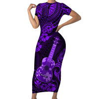 Hawaii Ukulele Family Matching Short Sleeve Bodycon Dress and Hawaiian Shirt Polynesian Pattern Purple Version - Wonder Print Shop