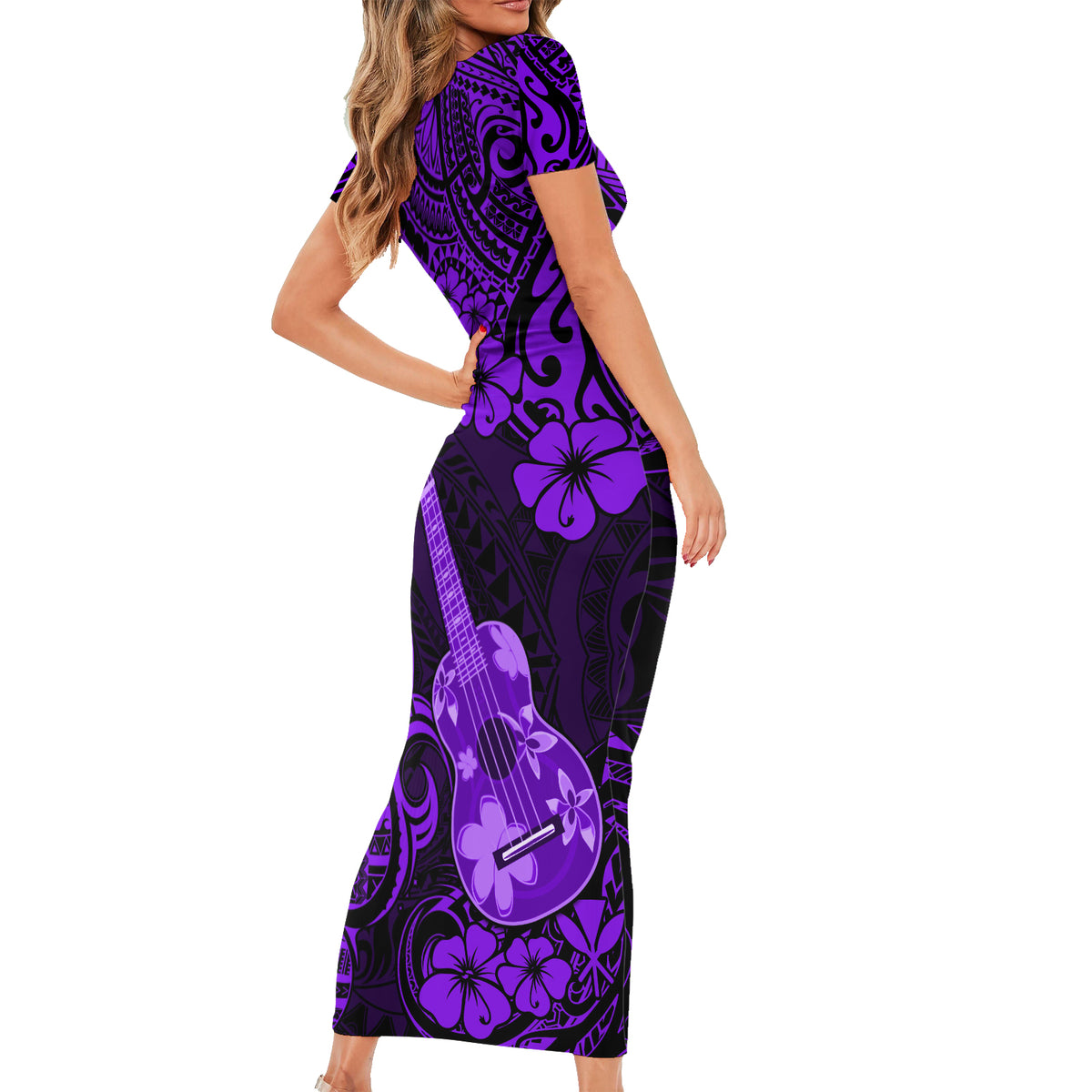Hawaii Ukulele Family Matching Short Sleeve Bodycon Dress and Hawaiian Shirt Polynesian Pattern Purple Version - Wonder Print Shop