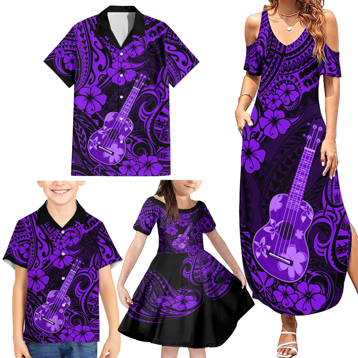 Hawaii Ukulele Family Matching Summer Maxi Dress and Hawaiian Shirt Polynesian Pattern Purple Version - Wonder Print Shop