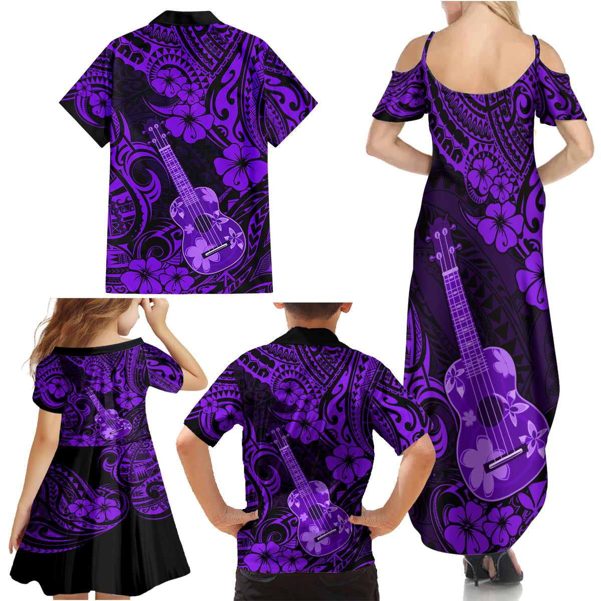 Hawaii Ukulele Family Matching Summer Maxi Dress and Hawaiian Shirt Polynesian Pattern Purple Version - Wonder Print Shop