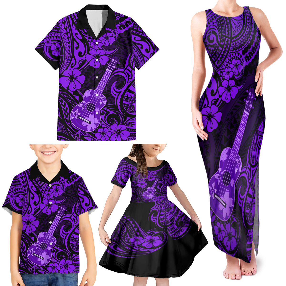 Hawaii Ukulele Family Matching Tank Maxi Dress and Hawaiian Shirt Polynesian Pattern Purple Version - Wonder Print Shop