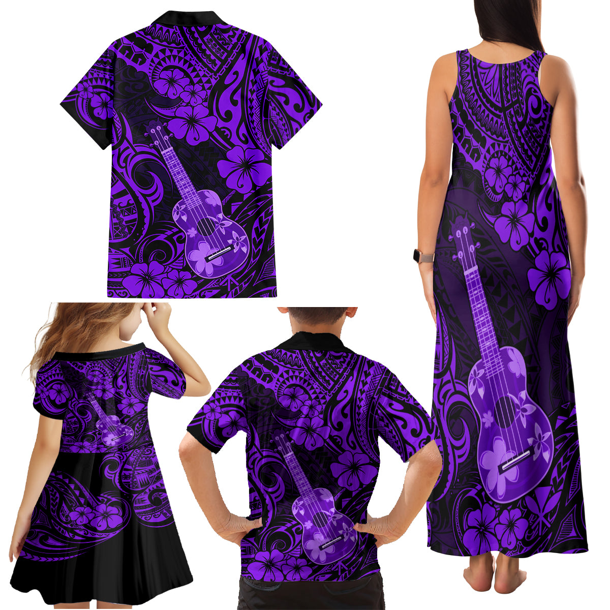 Hawaii Ukulele Family Matching Tank Maxi Dress and Hawaiian Shirt Polynesian Pattern Purple Version - Wonder Print Shop