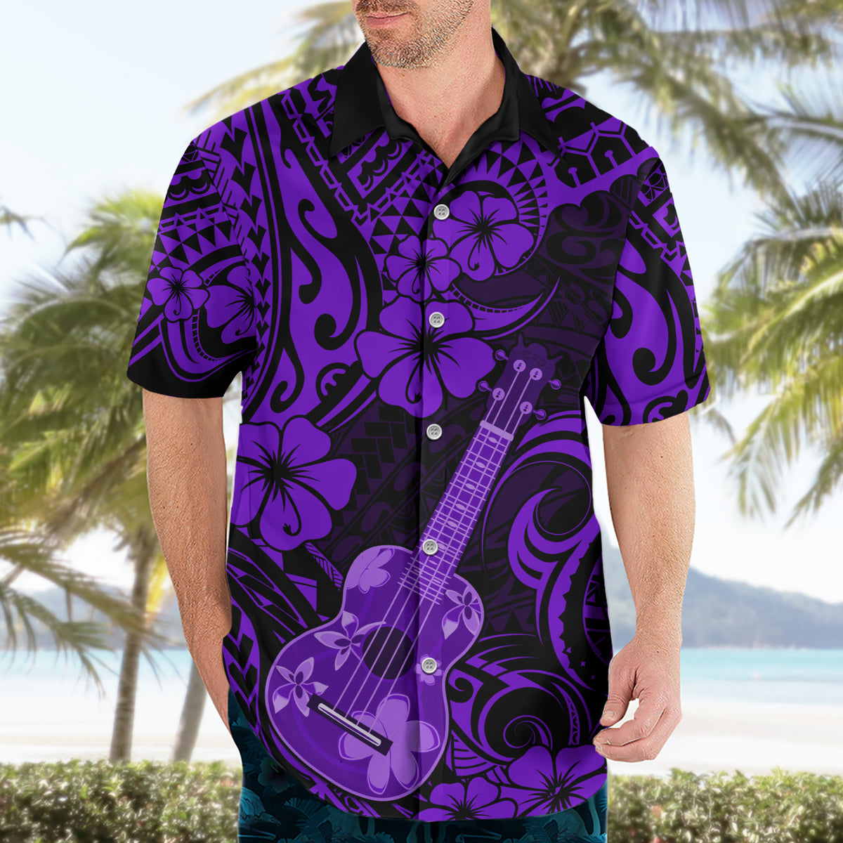 Hawaii Ukulele Hawaiian Shirt Polynesian Pattern Purple Version - Wonder Print Shop